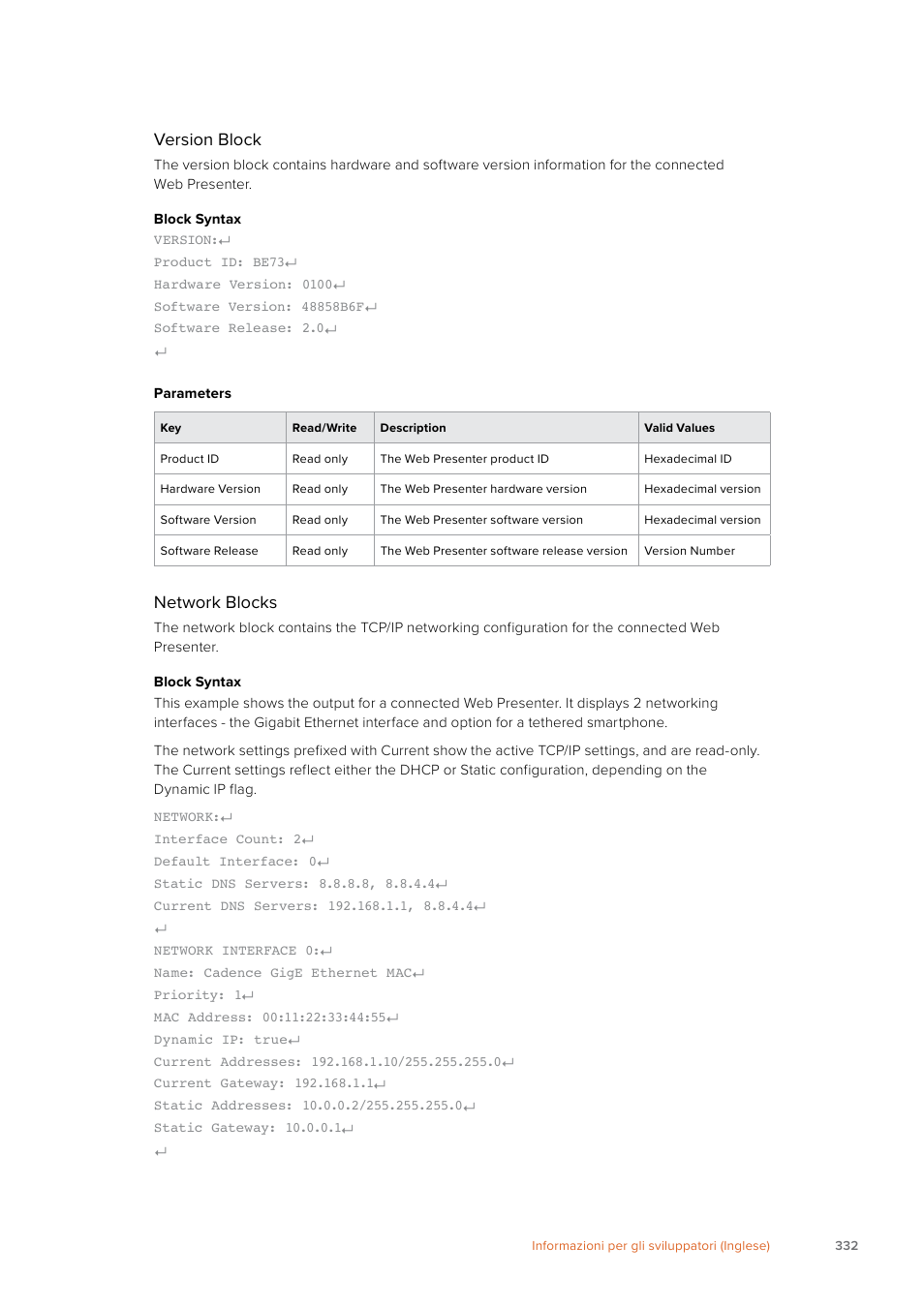 Version block, Network blocks | Blackmagic Design Web Presenter 4K User Manual | Page 332 / 419