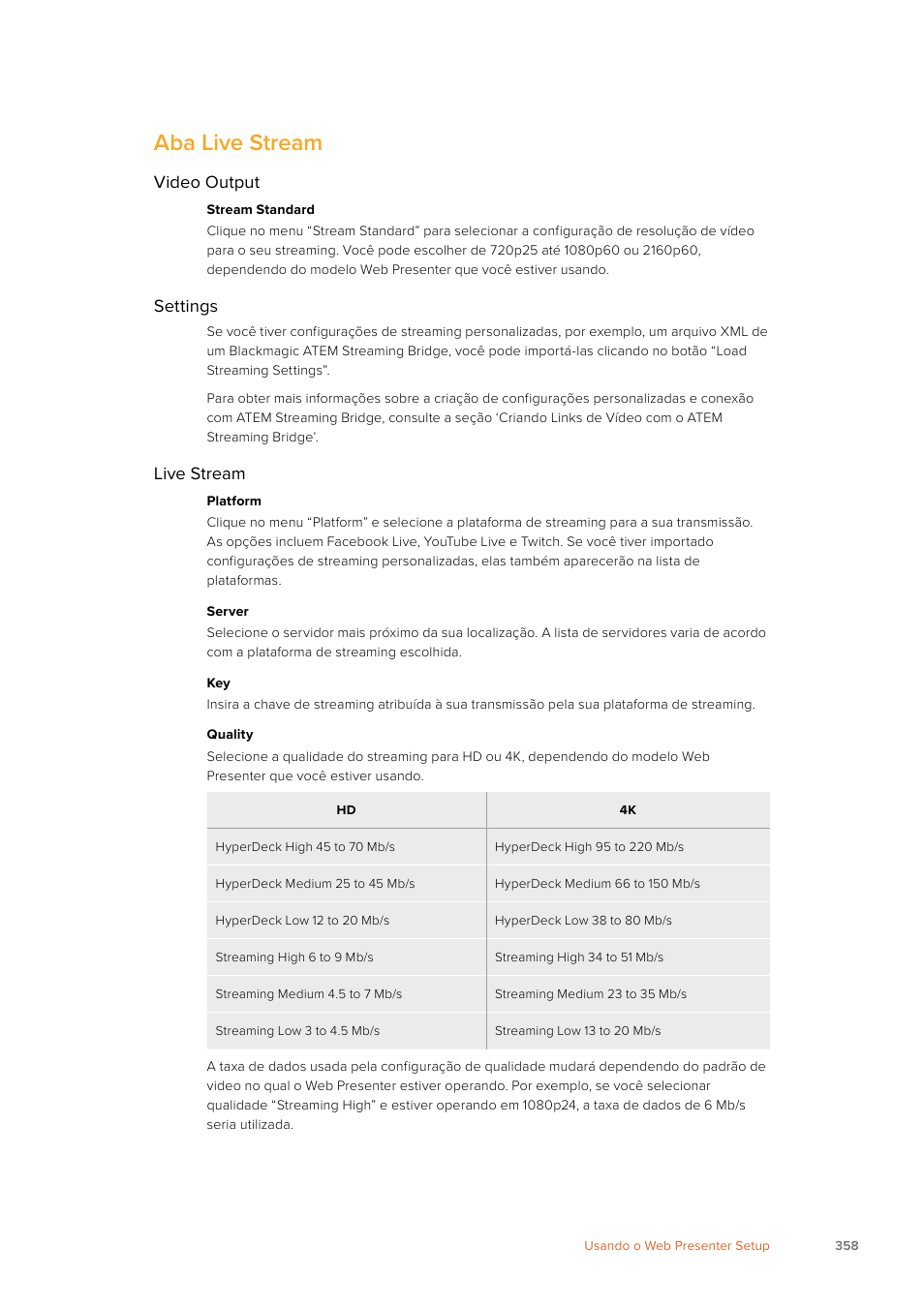 Aba live stream, Video output, Settings | Live stream | Blackmagic Design Web Presenter 4K User Manual | Page 358 / 419