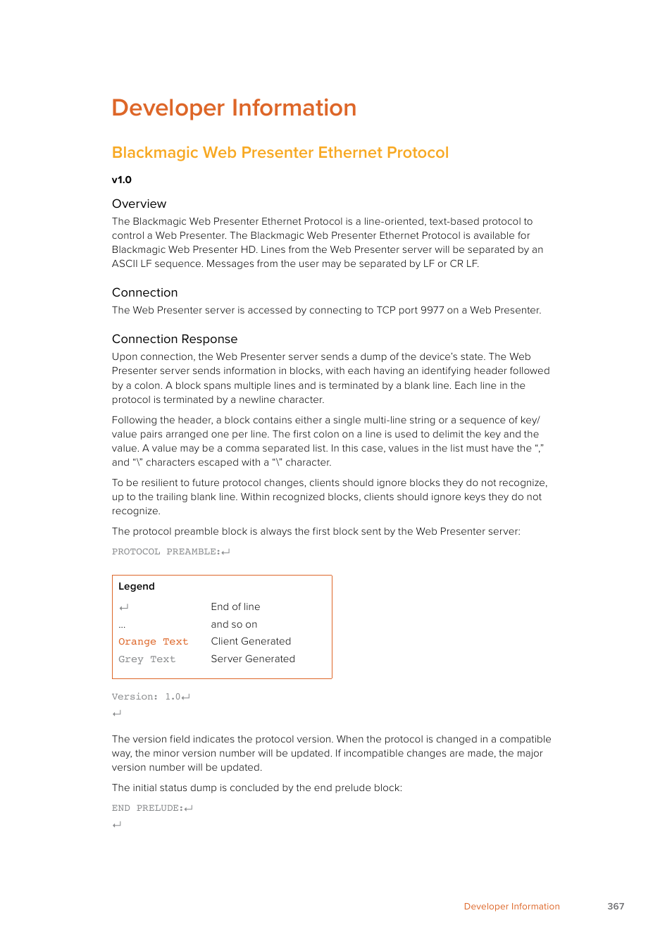 Developer information, Blackmagic web presenter ethernet protocol | Blackmagic Design Web Presenter 4K User Manual | Page 367 / 419