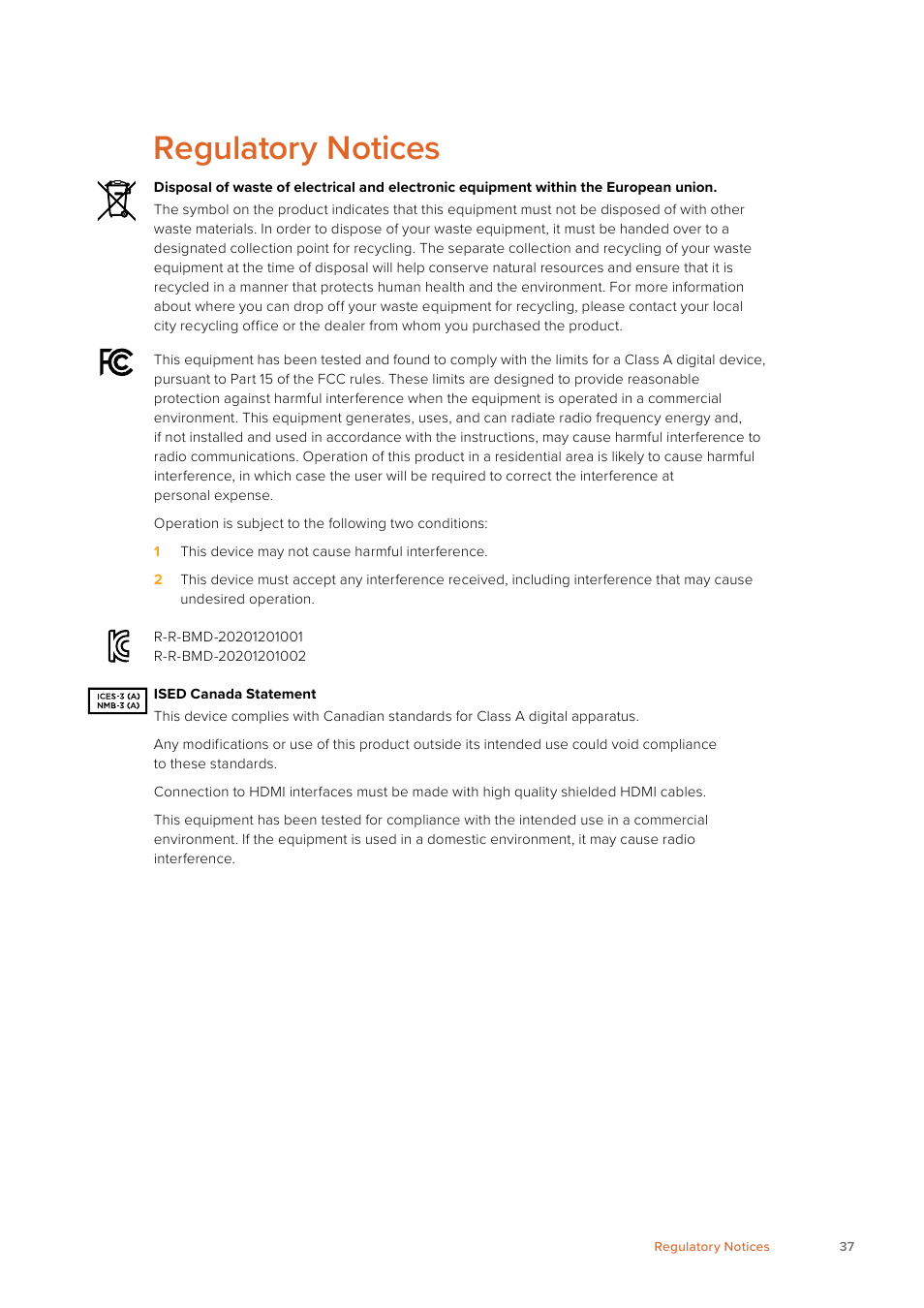 Regulatory notices | Blackmagic Design Web Presenter 4K User Manual | Page 37 / 419