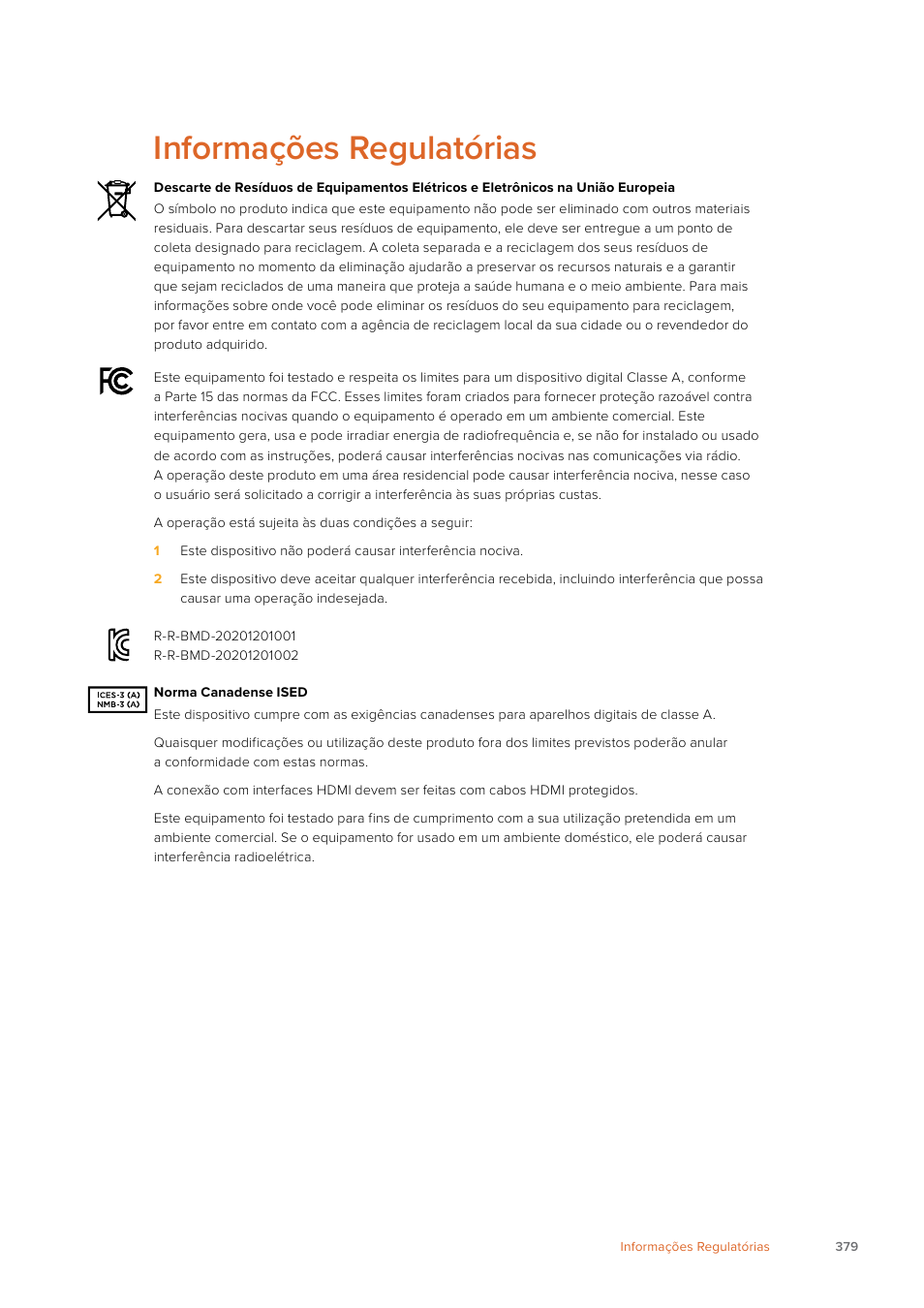 Informações regulatórias | Blackmagic Design Web Presenter 4K User Manual | Page 379 / 419