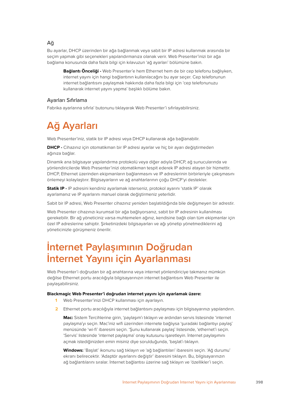 Ağ ayarları | Blackmagic Design Web Presenter 4K User Manual | Page 398 / 419