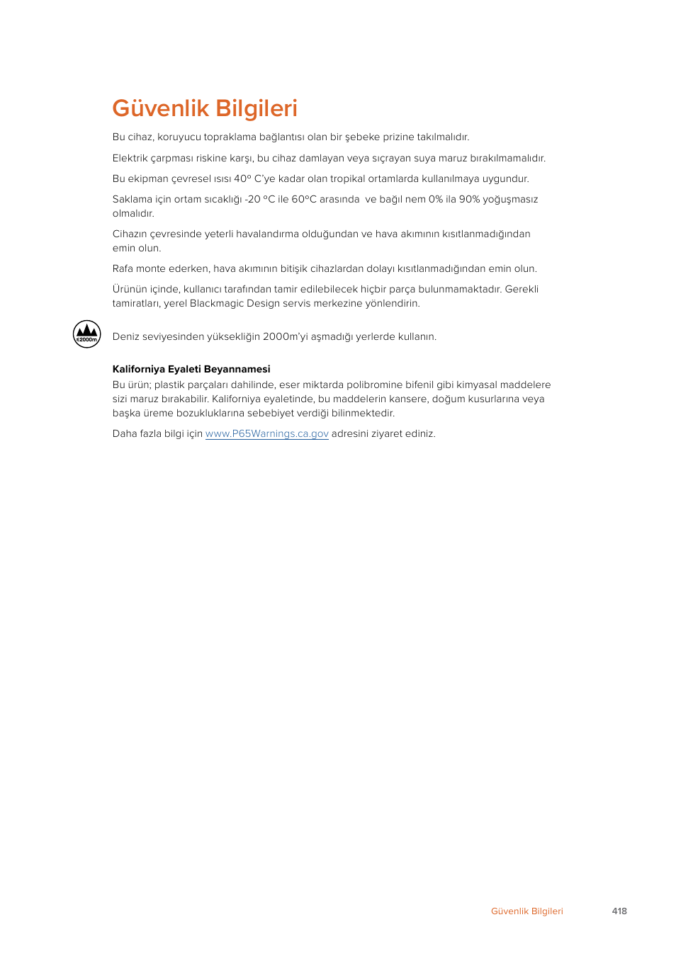 Güvenlik bilgileri | Blackmagic Design Web Presenter 4K User Manual | Page 418 / 419