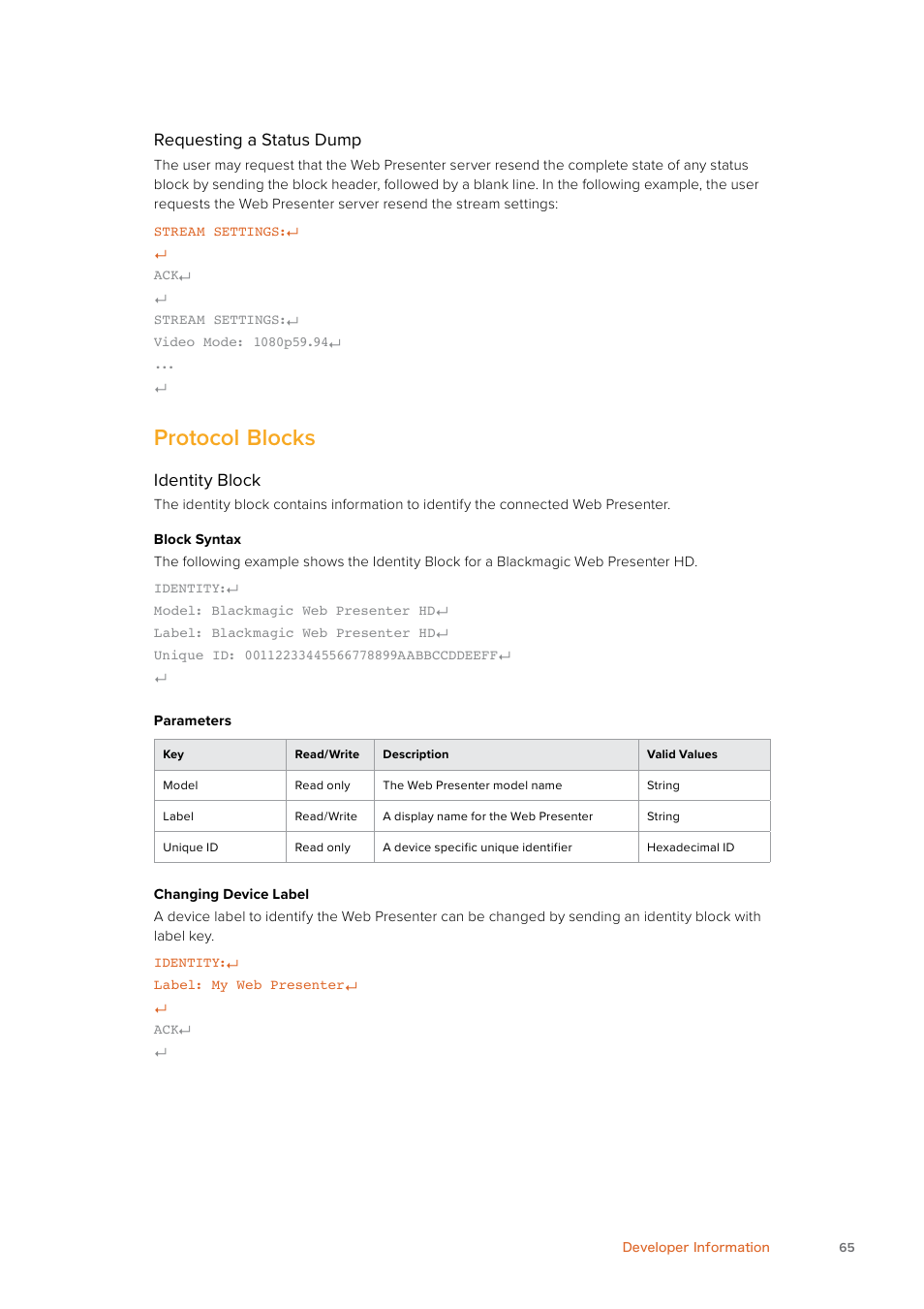 Protocol blocks, Protocol, Blocks | Requesting a status dump, Identity block | Blackmagic Design Web Presenter 4K User Manual | Page 65 / 419