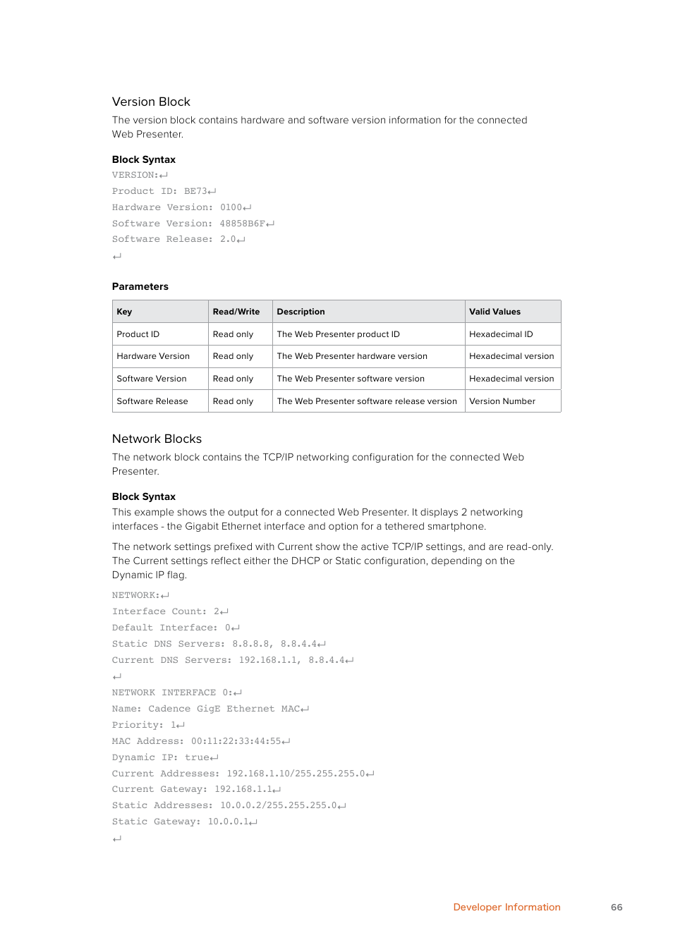 Version block, Network blocks | Blackmagic Design Web Presenter 4K User Manual | Page 66 / 419