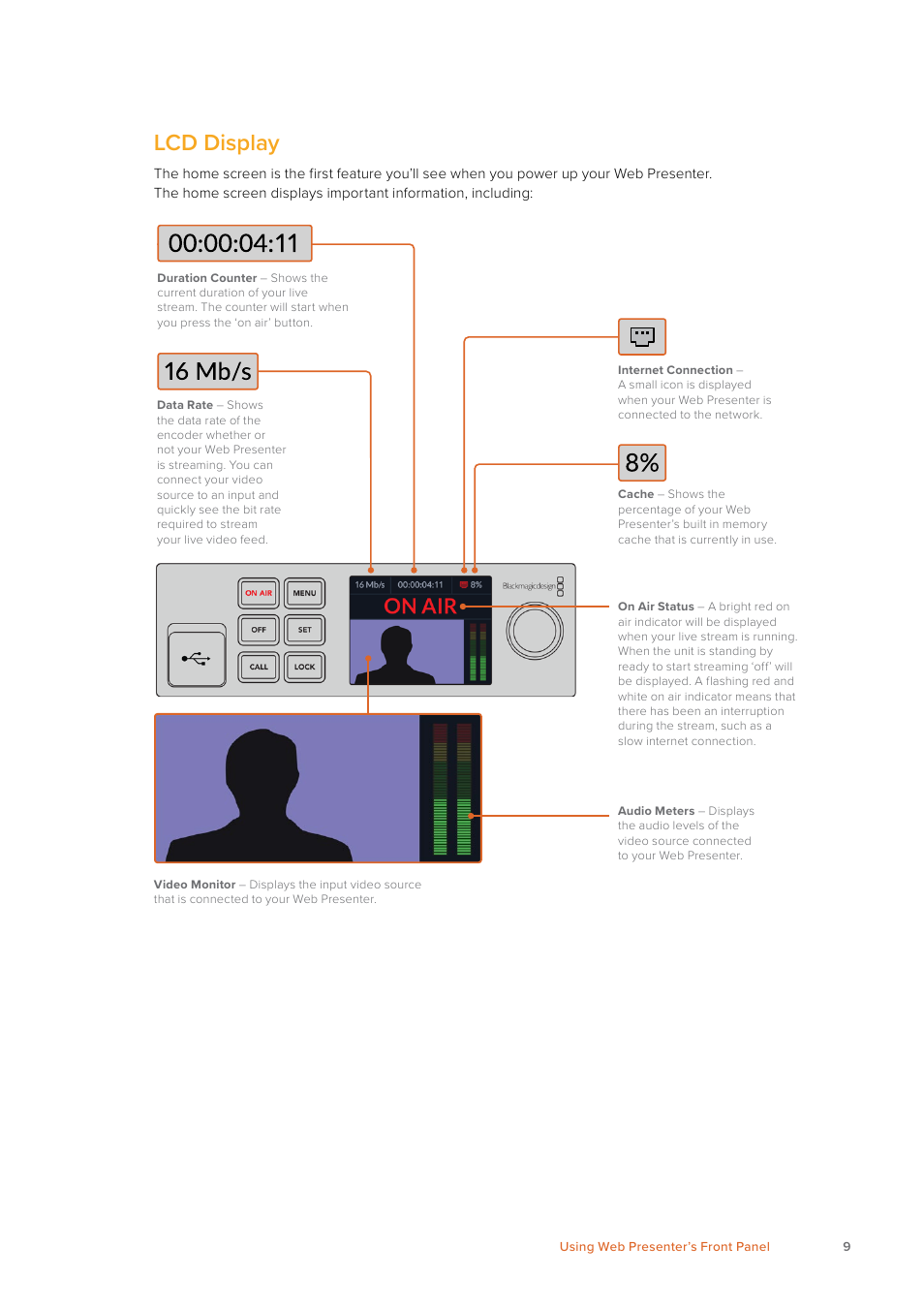 Lcd display | Blackmagic Design Web Presenter 4K User Manual | Page 9 / 419