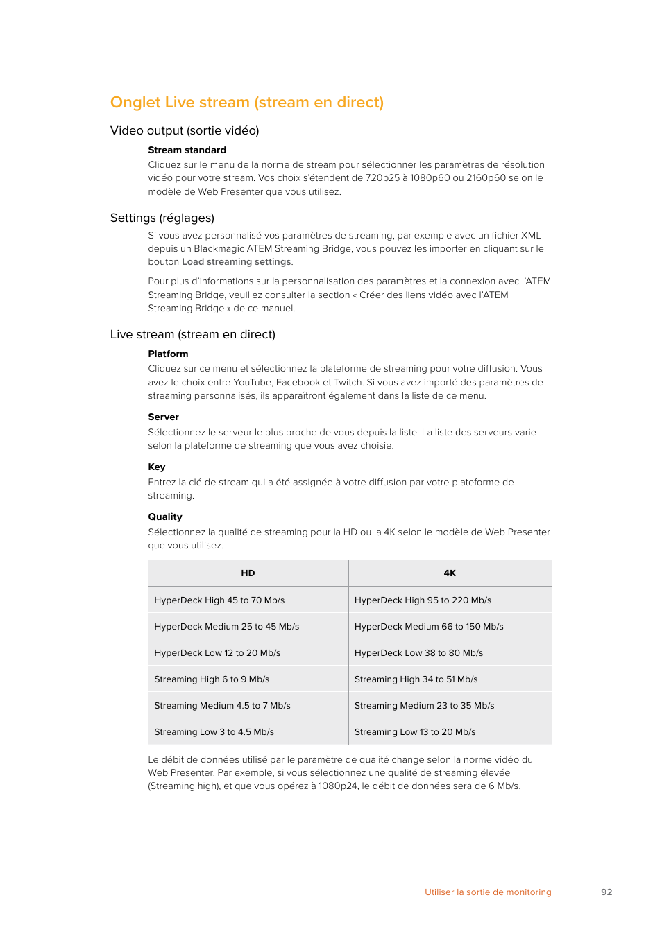 Onglet live stream (stream en direct), Video output (sortie vidéo), Settings (réglages) | Live stream (stream en direct) | Blackmagic Design Web Presenter 4K User Manual | Page 92 / 419