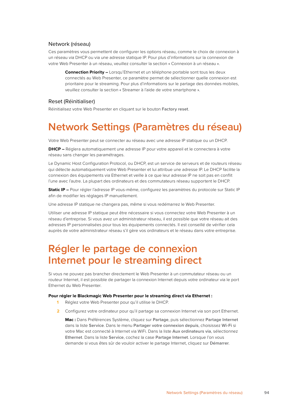 Network settings (paramètres du réseau) | Blackmagic Design Web Presenter 4K User Manual | Page 94 / 419