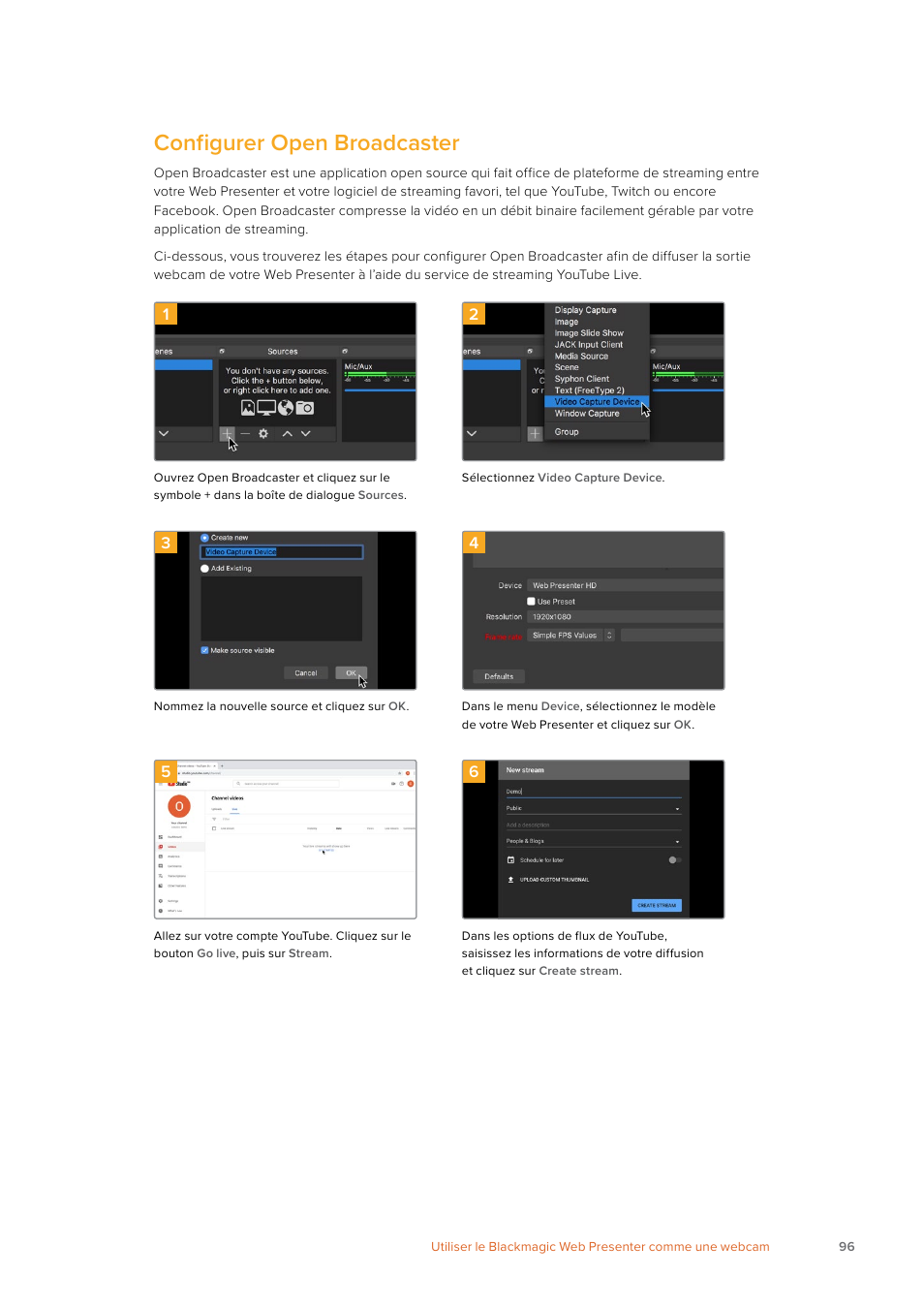 Configurer open broadcaster | Blackmagic Design Web Presenter 4K User Manual | Page 96 / 419