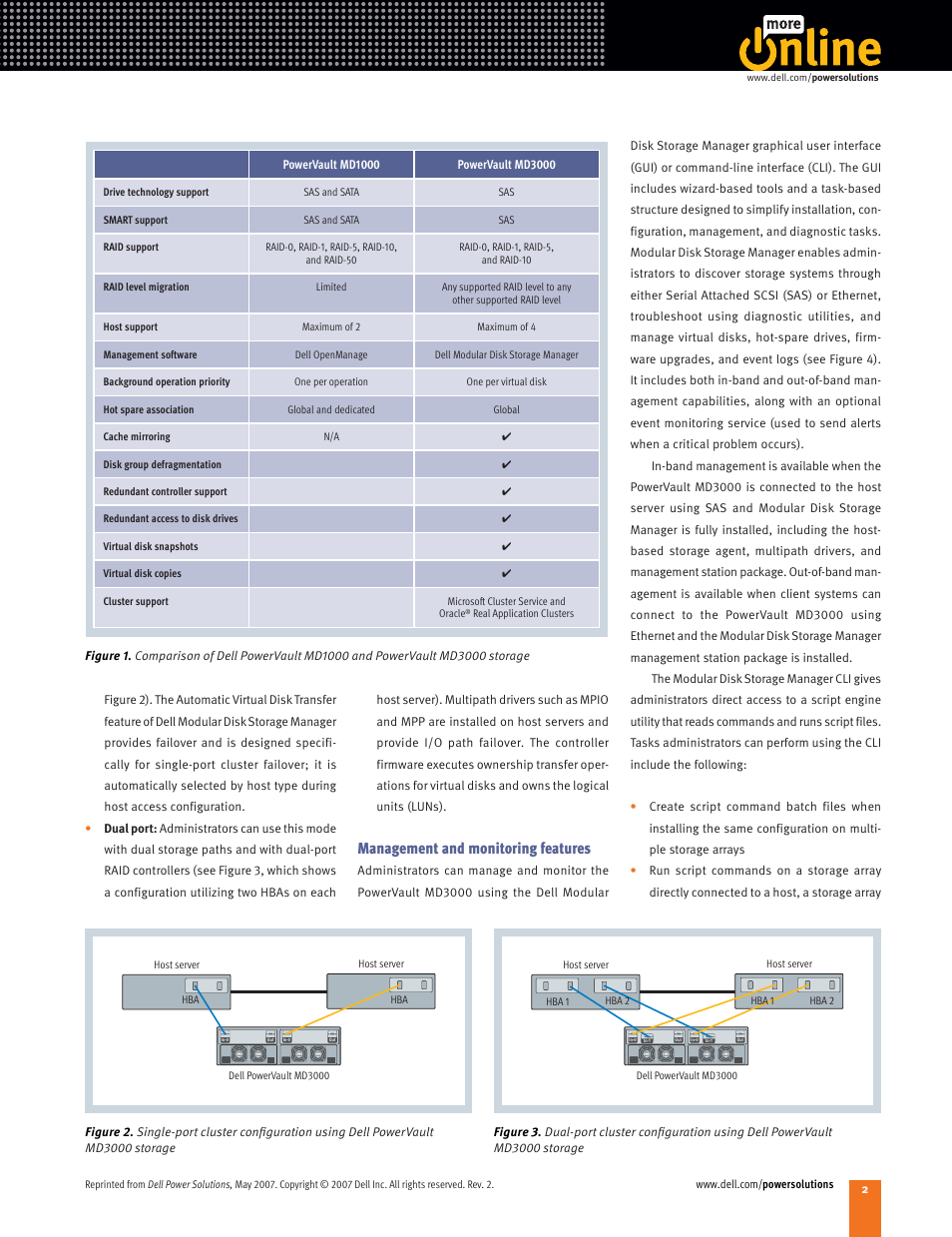 Management and monitoring features | Dell MD3000 User Manual | Page 2 / 4