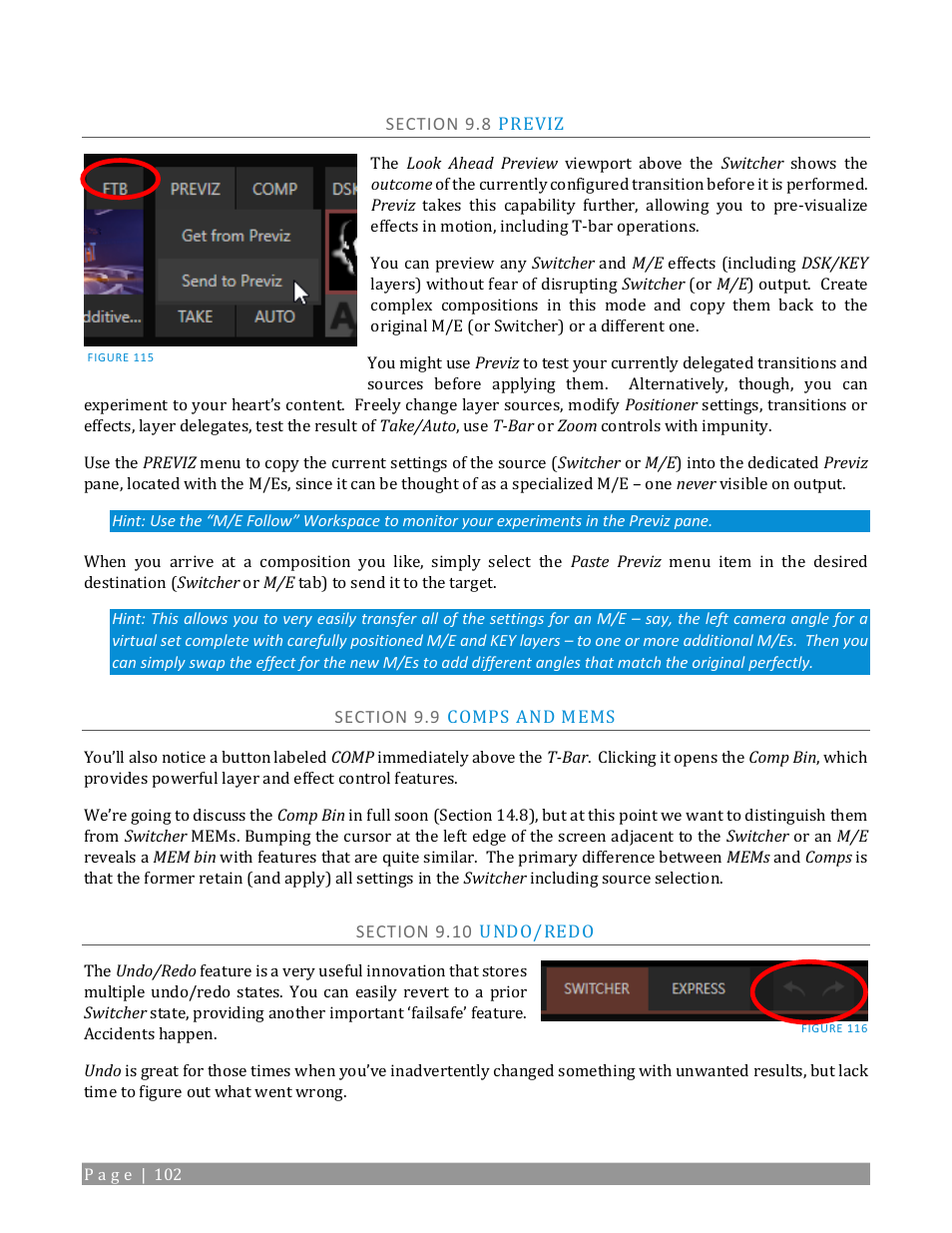 Section 9.9 comps and mems, Section 9.10 undo/redo, Section 9.9 | NewTek TriCaster TC1 (2 RU) User Manual | Page 118 / 350