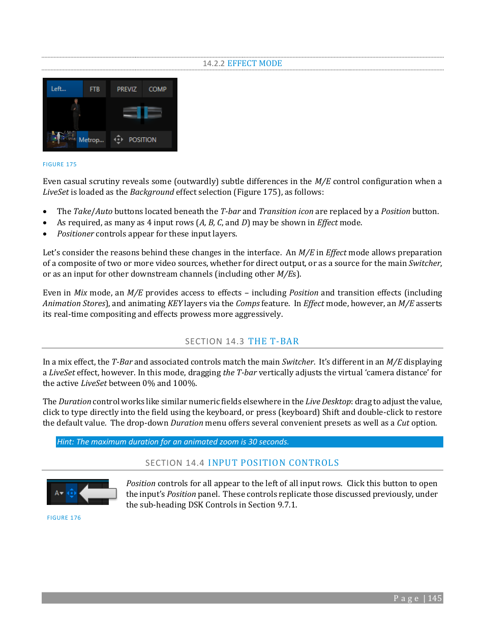 2 effect mode, Section 14.3 the t-bar, Section 14.4 input position controls | Section 14.5 default effects | NewTek TriCaster TC1 (2 RU) User Manual | Page 161 / 350