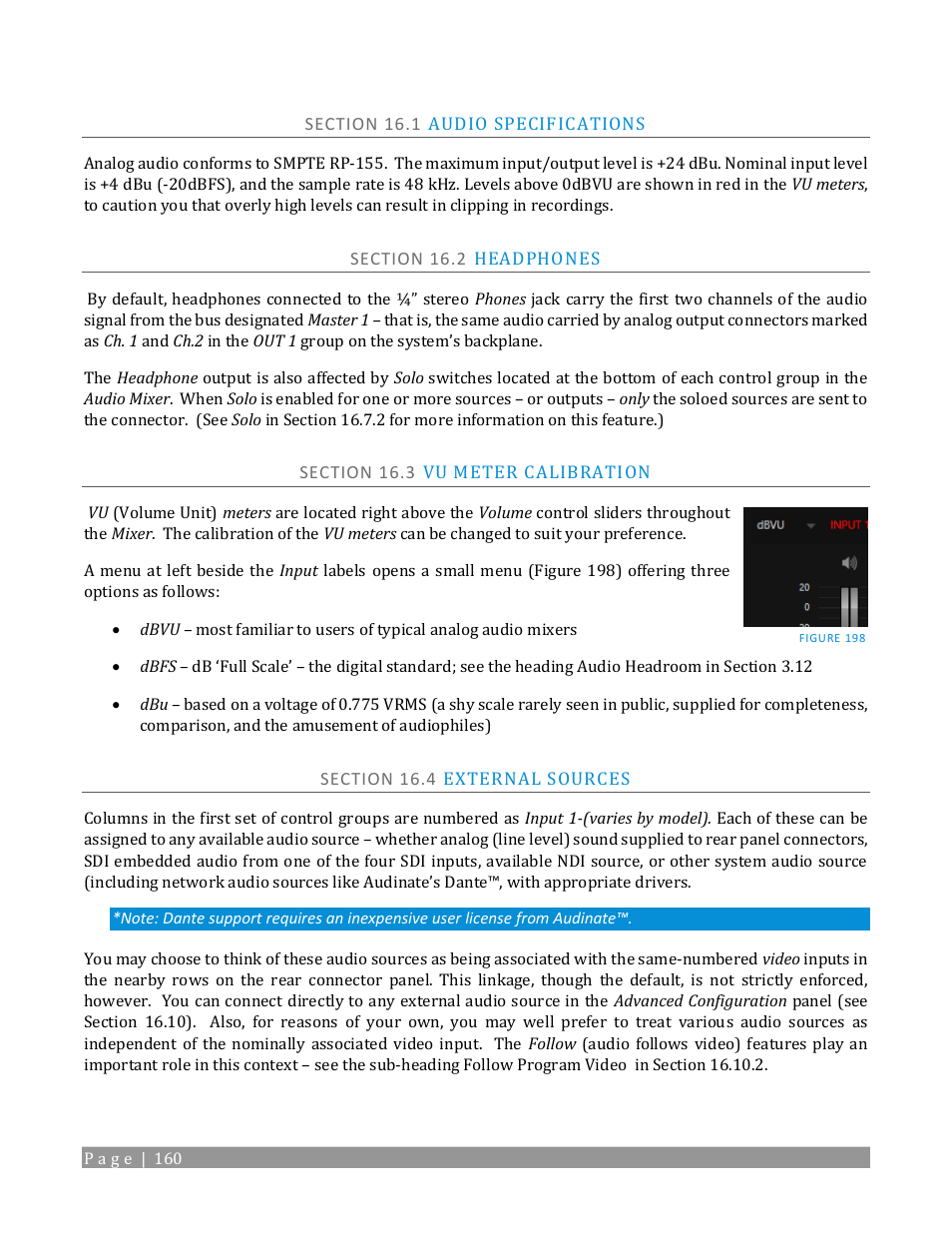 Section 16.1 audio specifications, Section 16.2 headphones, Section 16.3 vu meter calibration | Section 16.4 external sources | NewTek TriCaster TC1 (2 RU) User Manual | Page 176 / 350