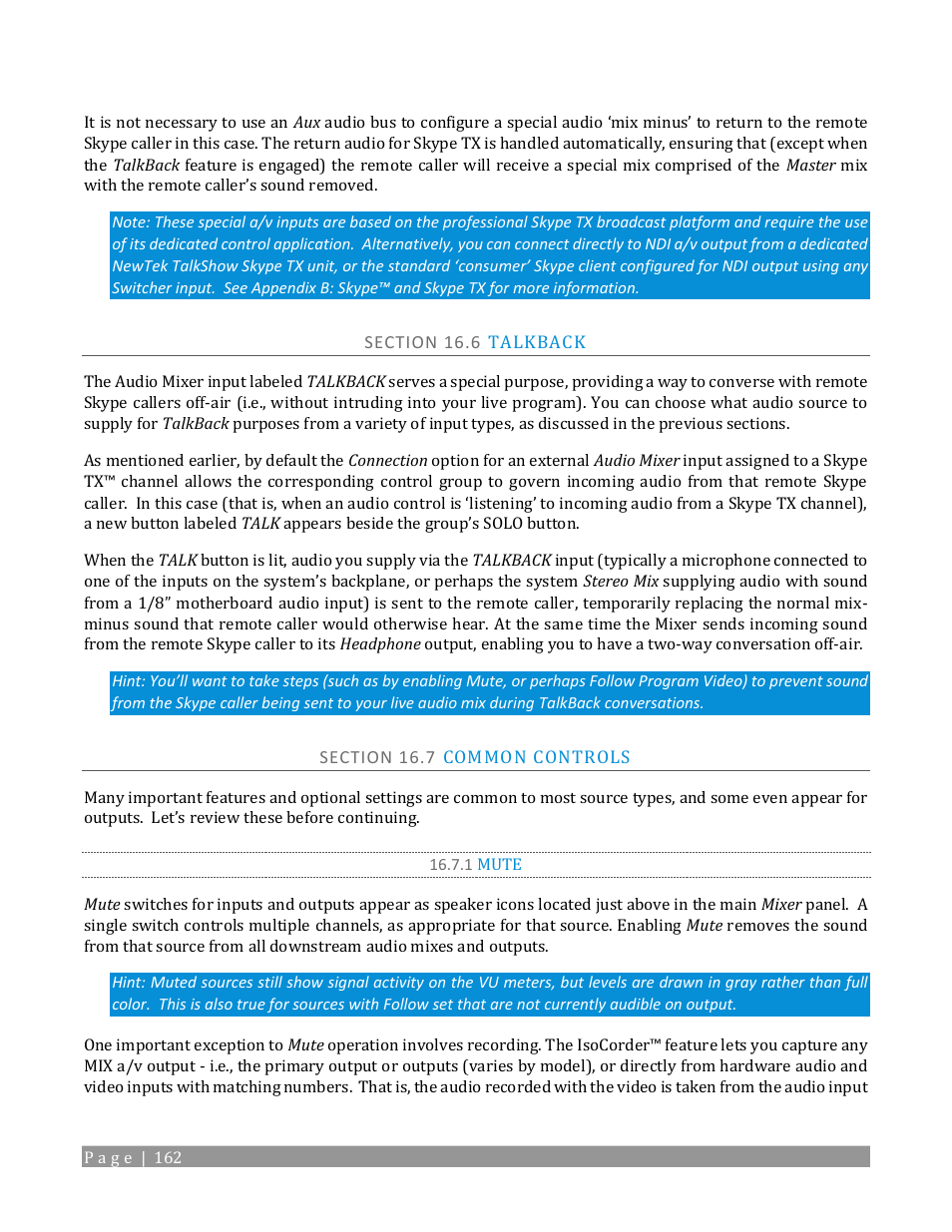 Section 16.6 talkback, Section 16.7 common controls, 1 mute | NewTek TriCaster TC1 (2 RU) User Manual | Page 178 / 350