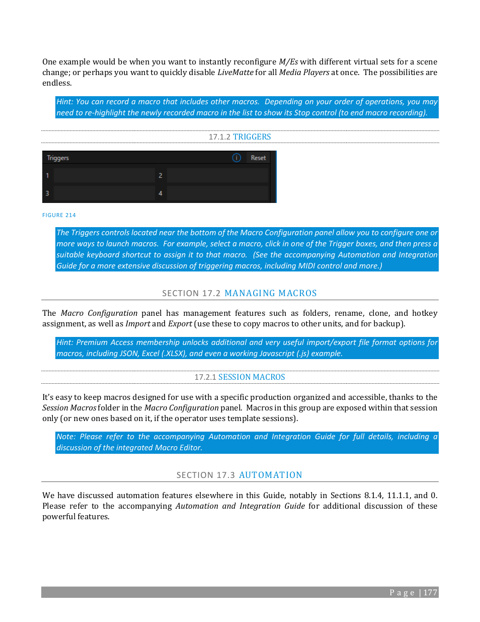 2 triggers, Section 17.2 managing macros, 1 session macros | Section 17.3 automation | NewTek TriCaster TC1 (2 RU) User Manual | Page 193 / 350