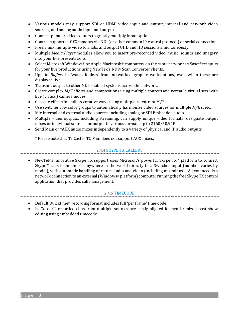 4 skype tx callers, 5 timecode | NewTek TriCaster TC1 (2 RU) User Manual | Page 24 / 350