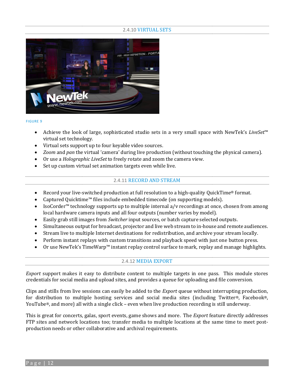 10 virtual sets, 11 record and stream, 12 media export | NewTek TriCaster TC1 (2 RU) User Manual | Page 28 / 350