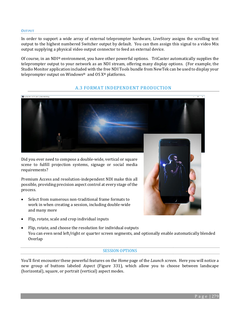 Format independent production, Session options | NewTek TriCaster TC1 (2 RU) User Manual | Page 295 / 350