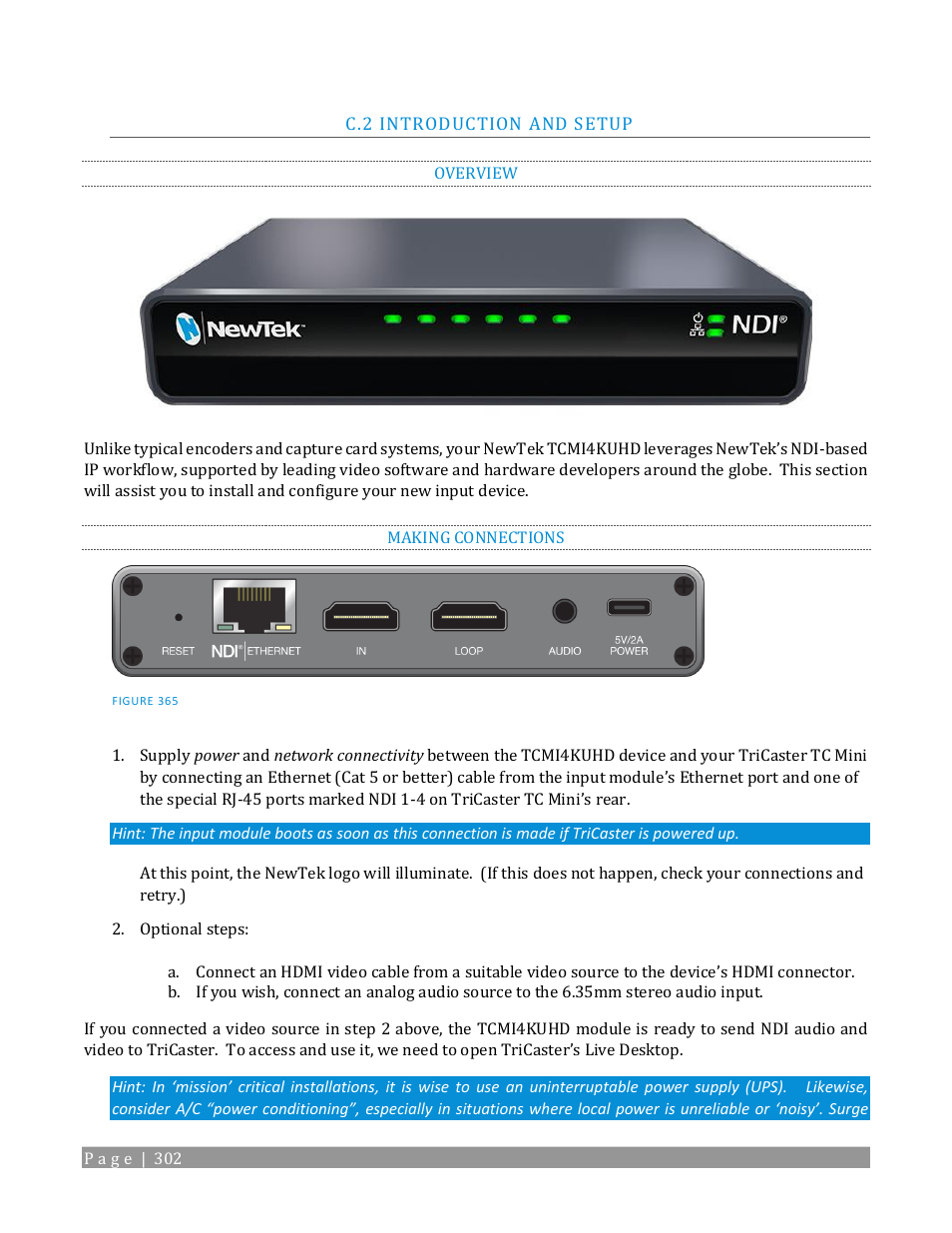 Introduction and setup, Overview, Making connections | NewTek TriCaster TC1 (2 RU) User Manual | Page 318 / 350