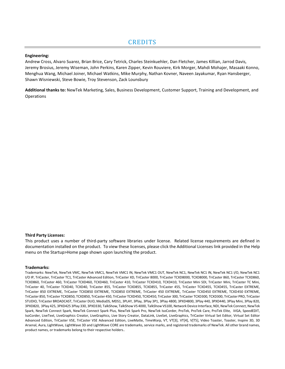 Credits | NewTek TriCaster TC1 (2 RU) User Manual | Page 349 / 350