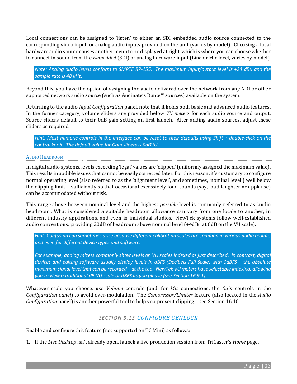 Section 3.13 configure genlock, E section 3.13 | NewTek TriCaster TC1 (2 RU) User Manual | Page 49 / 350