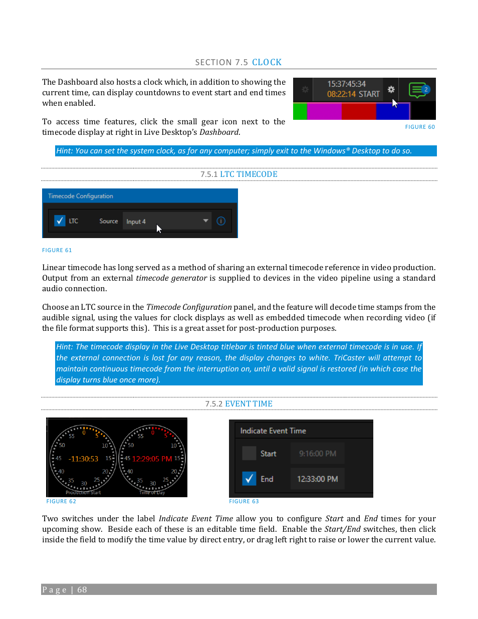 Section 7.5 clock, 1 ltc timecode, 2 event time | Ee section 7.5 | NewTek TriCaster TC1 (2 RU) User Manual | Page 84 / 350