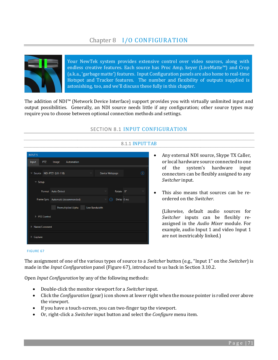 Chapter 8, I/o configuration, Section 8.1 input configuration | 1 input tab, On 8.1.1, Chapter 8 i/o configuration | NewTek TriCaster TC1 (2 RU) User Manual | Page 87 / 350