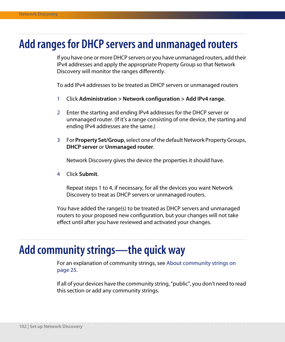 Add ranges for dhcp servers and unmanaged routers, Add community strings-the quick way, Add community strings—the quick way | Dell DPND-523-EN12 User Manual | Page 102 / 170