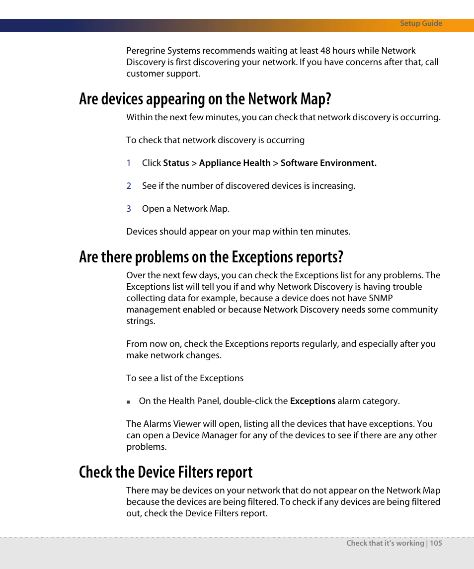 Are devices appearing on the network map, Are there problems on the exceptions reports, Check the device filters report | Dell DPND-523-EN12 User Manual | Page 105 / 170