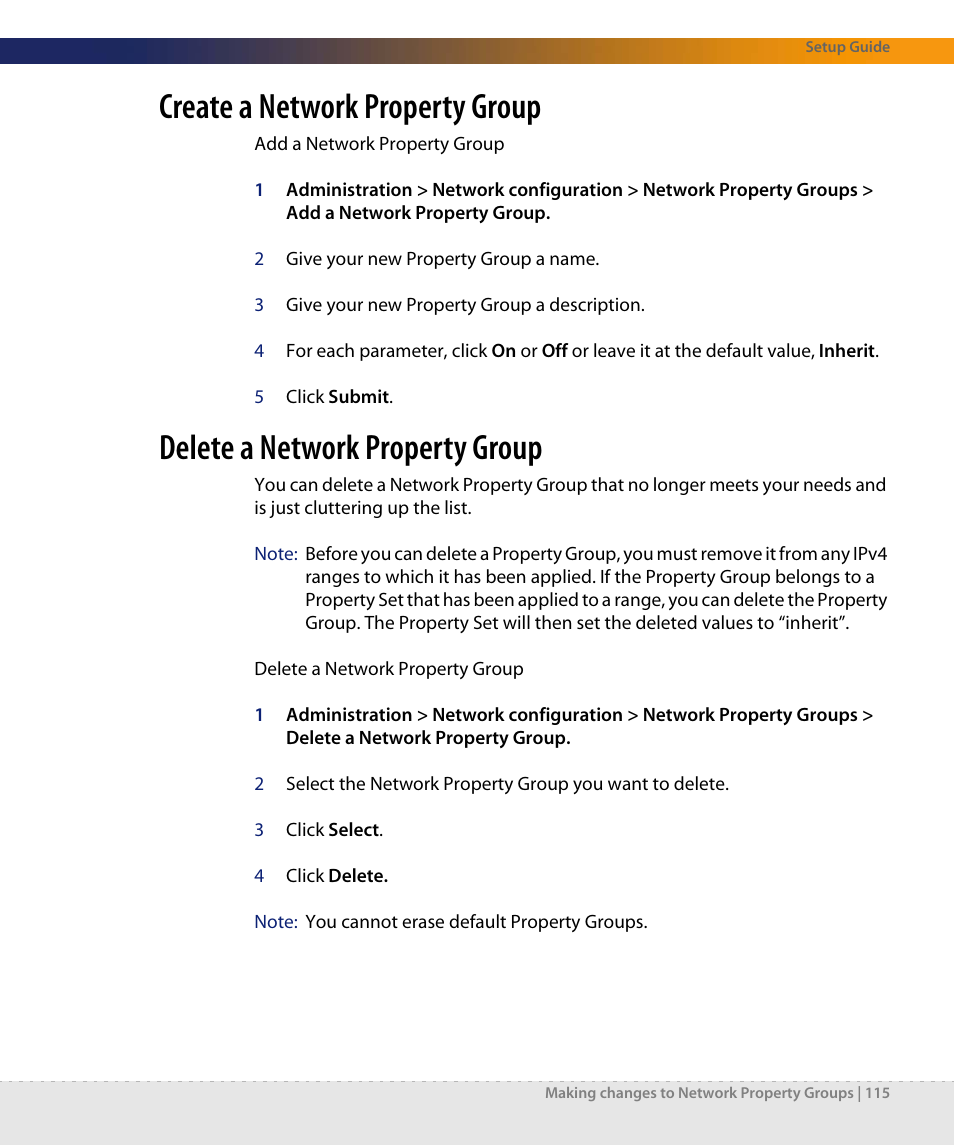 Create a network property group, Delete a network property group | Dell DPND-523-EN12 User Manual | Page 115 / 170