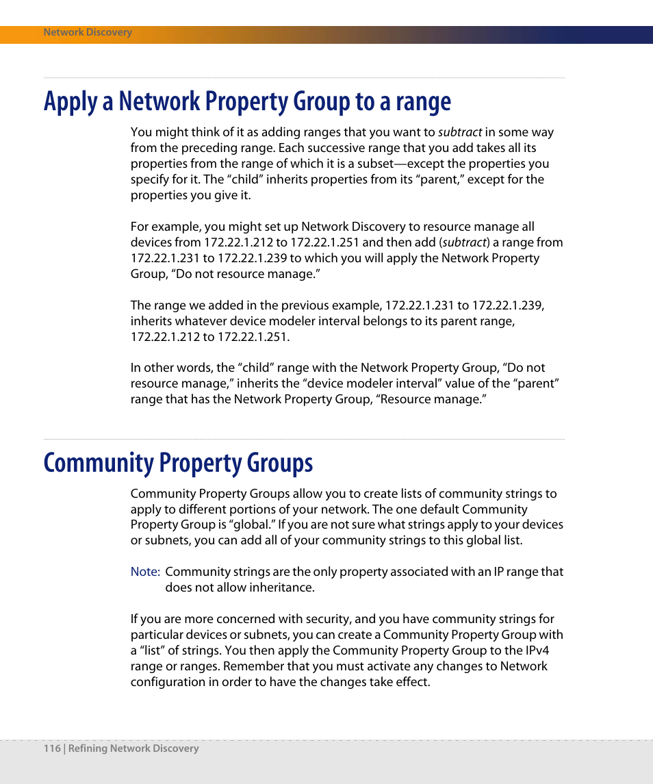 Apply a network property group to a range, Community property groups | Dell DPND-523-EN12 User Manual | Page 116 / 170