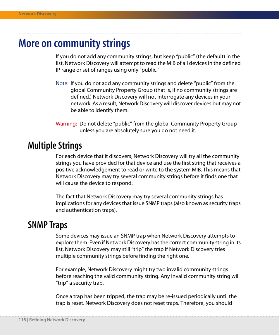 More on community strings, Multiple strings, Snmp traps | Dell DPND-523-EN12 User Manual | Page 118 / 170