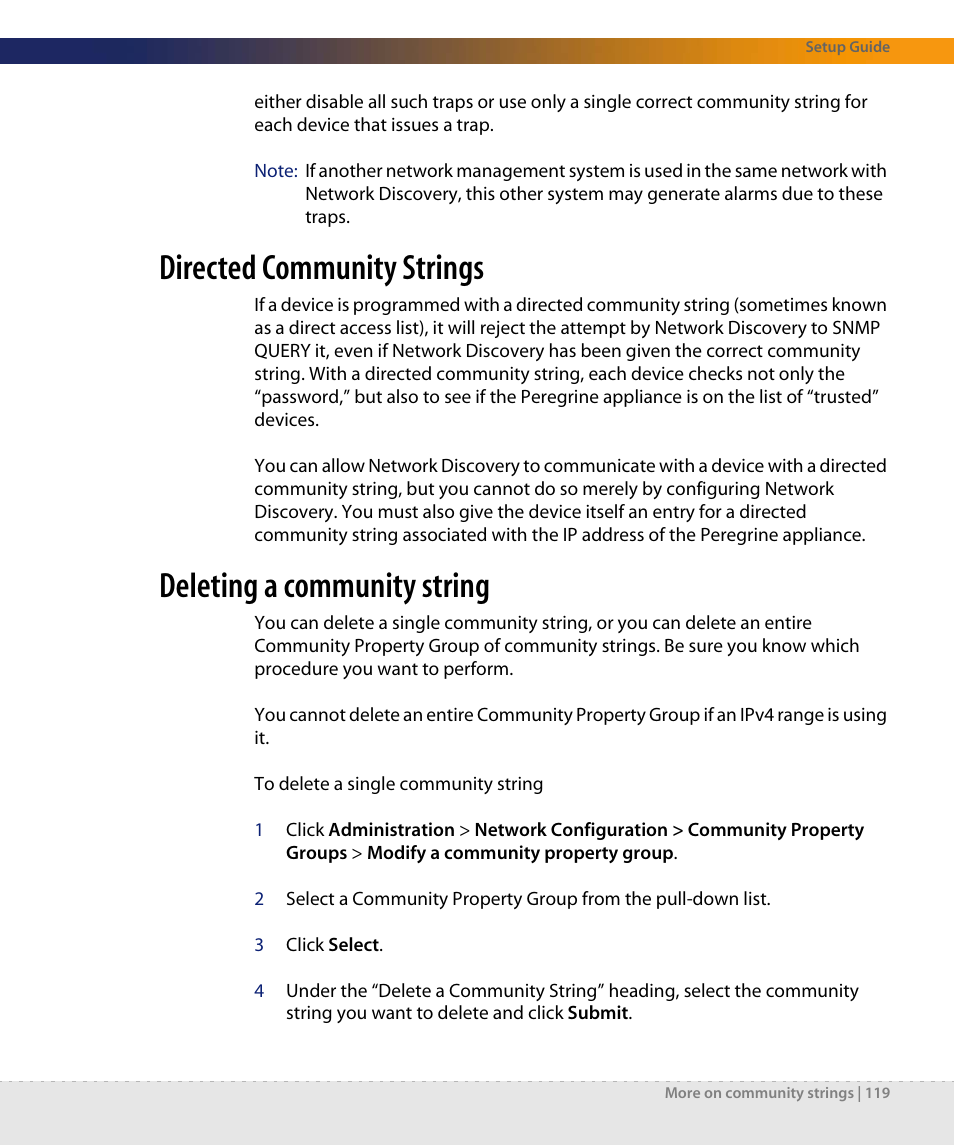 Directed community strings, Deleting a community string | Dell DPND-523-EN12 User Manual | Page 119 / 170