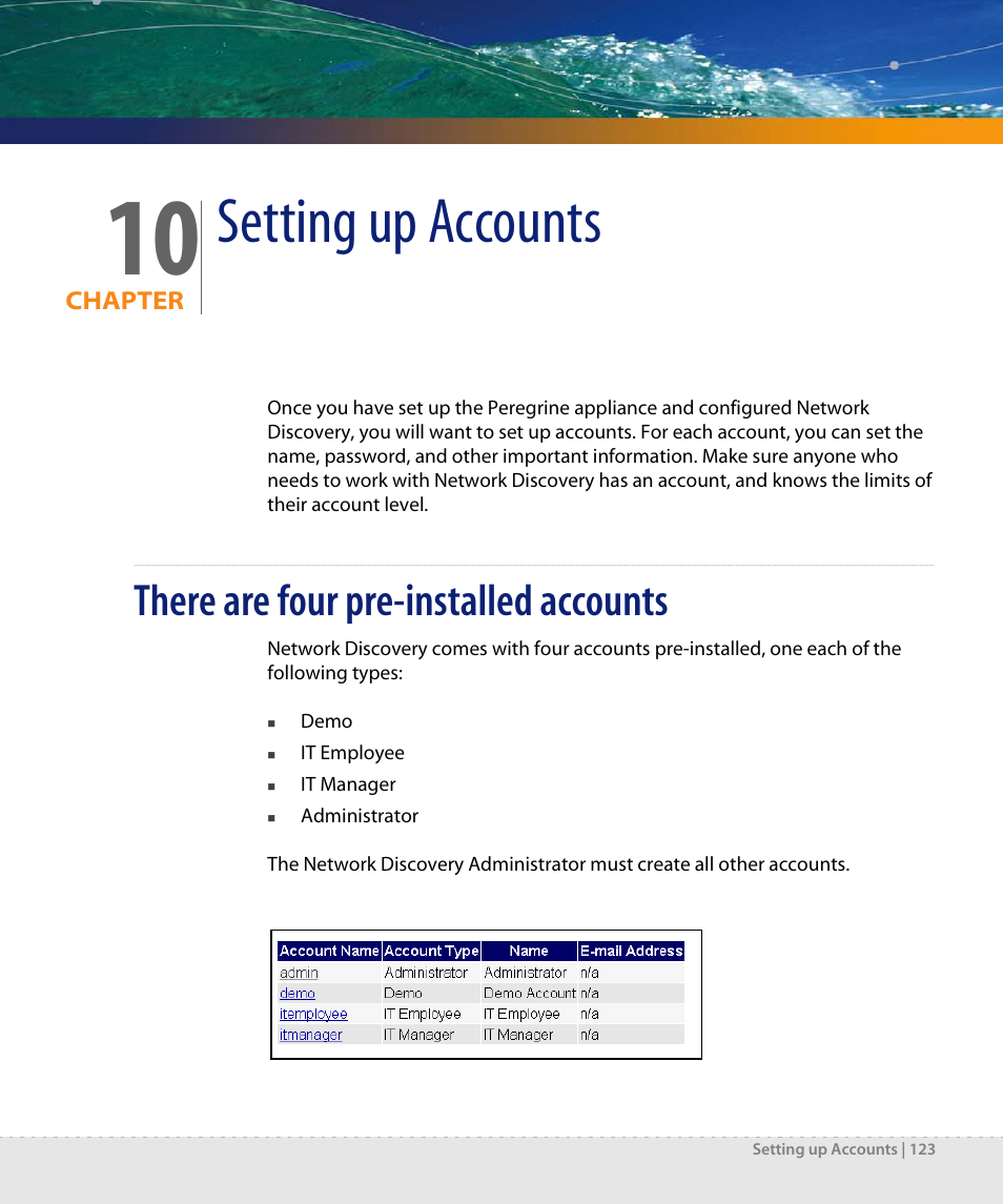 Setting up accounts, There are four pre-installed accounts, Chapter 10 | Dell DPND-523-EN12 User Manual | Page 123 / 170