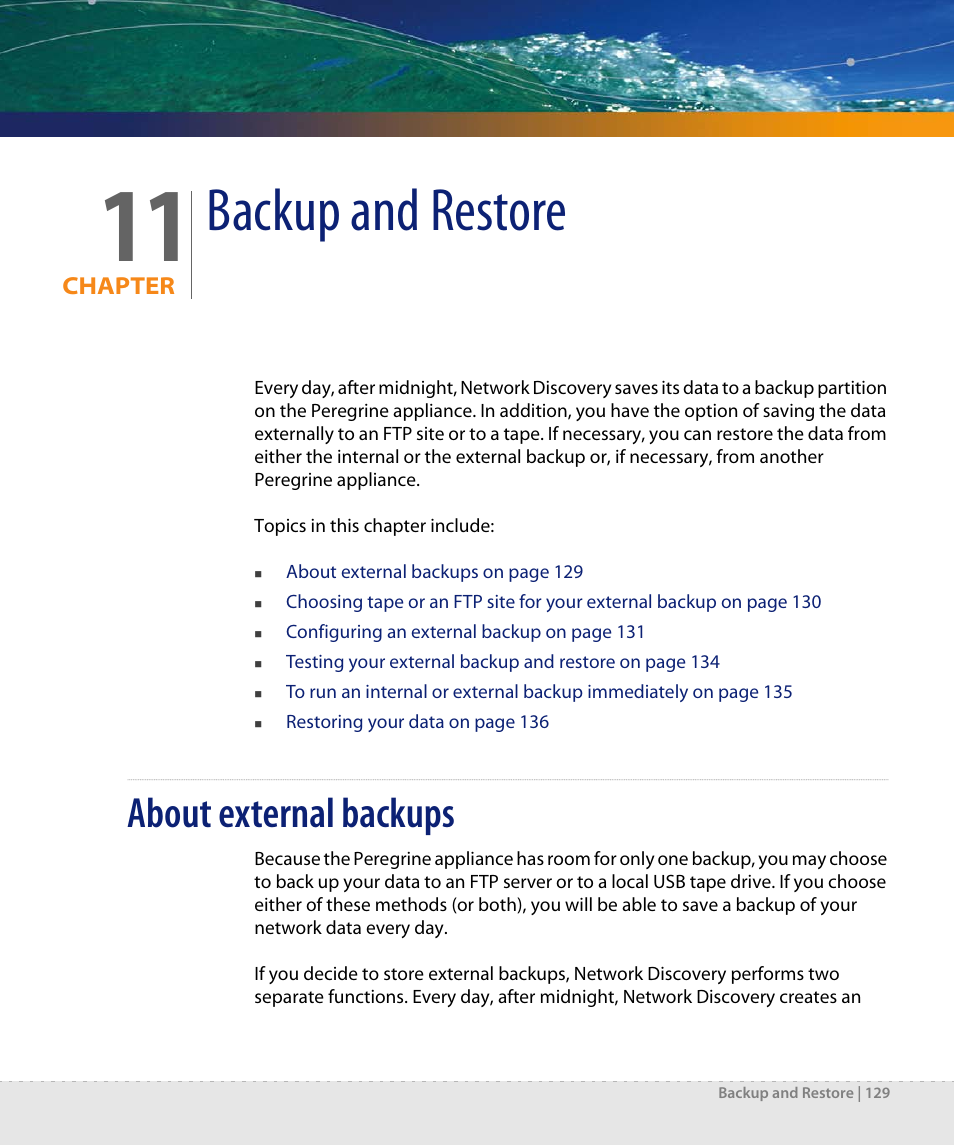 Backup and restore, About external backups, Chapter 11 | Dell DPND-523-EN12 User Manual | Page 129 / 170