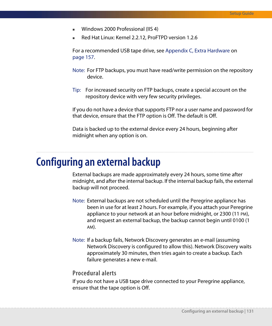 Configuring an external backup, Procedural alerts | Dell DPND-523-EN12 User Manual | Page 131 / 170