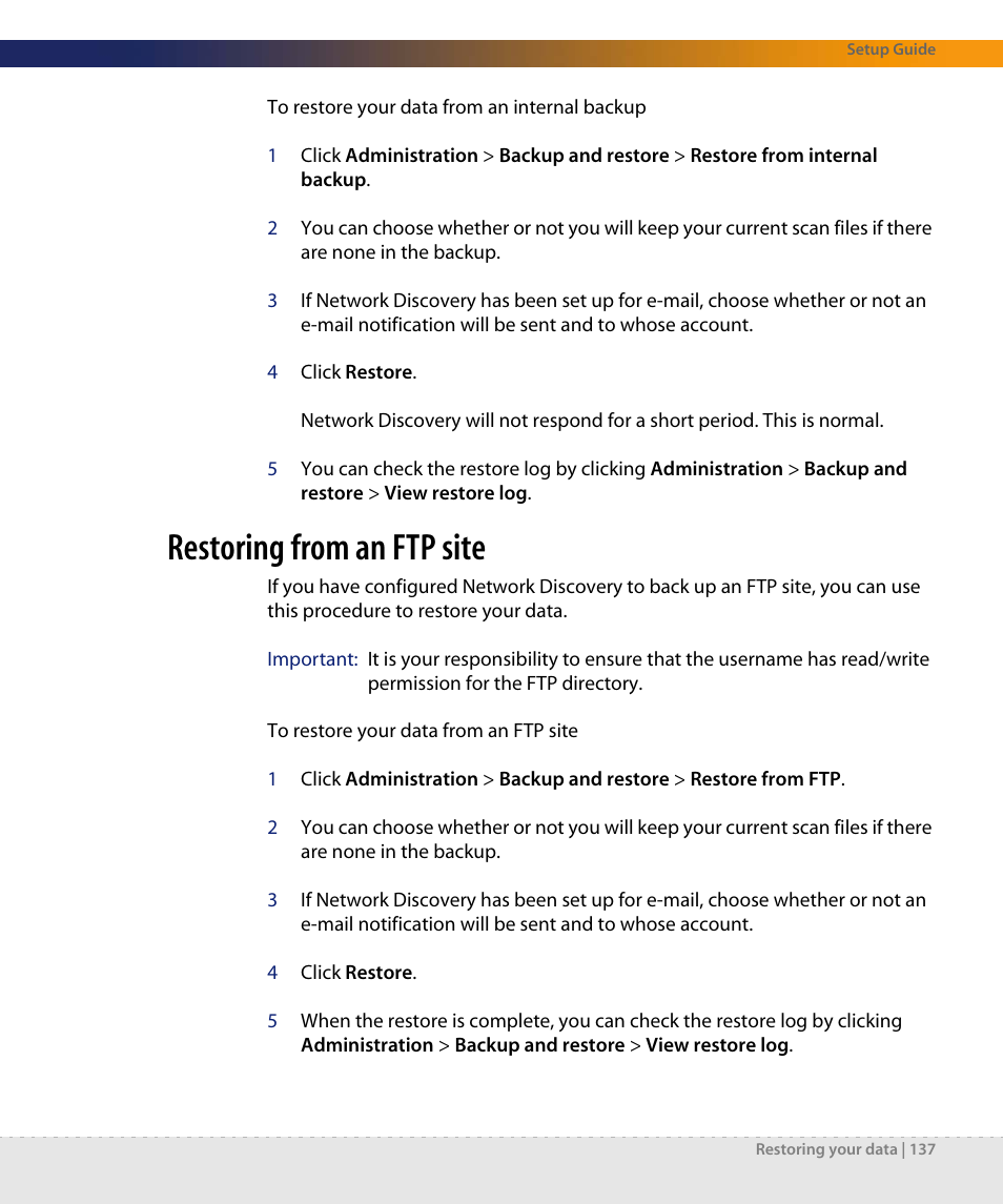 Restoring from an ftp site | Dell DPND-523-EN12 User Manual | Page 137 / 170