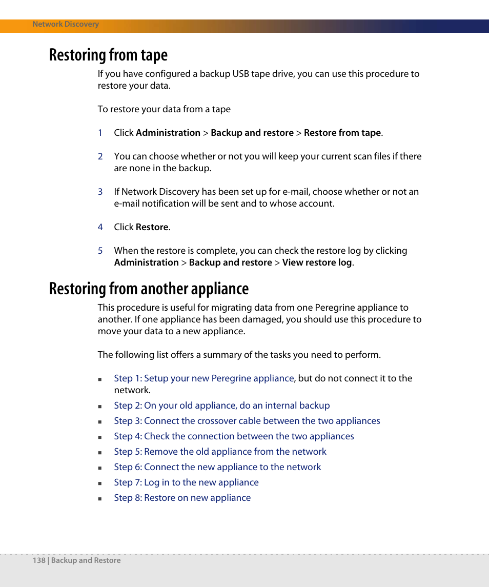 Restoring from tape, Restoring from another appliance | Dell DPND-523-EN12 User Manual | Page 138 / 170