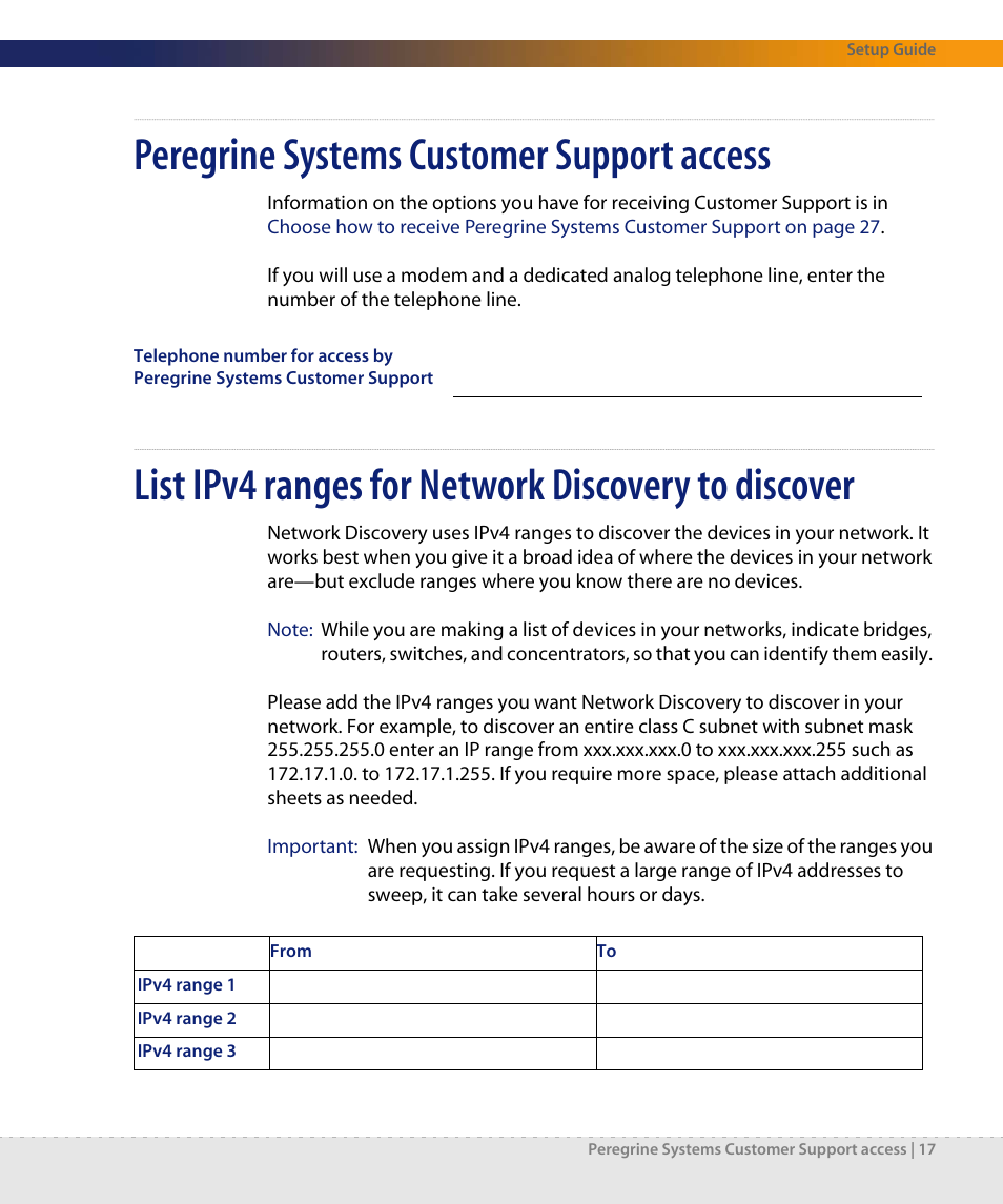 Peregrine systems customer support access, List ipv4 ranges for network discovery to discover | Dell DPND-523-EN12 User Manual | Page 17 / 170