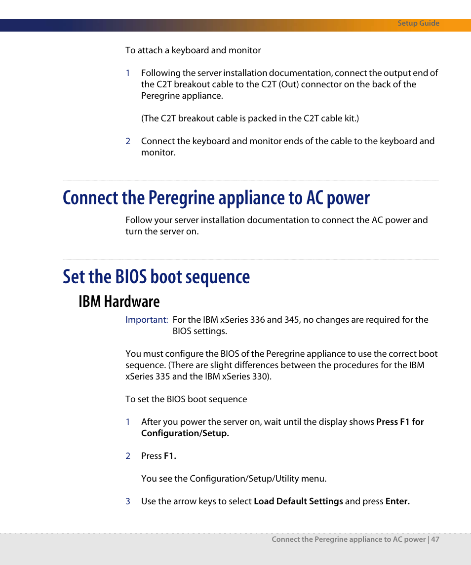 Connect the peregrine appliance to ac power, Set the bios boot sequence, Ibm hardware | Dell DPND-523-EN12 User Manual | Page 47 / 170