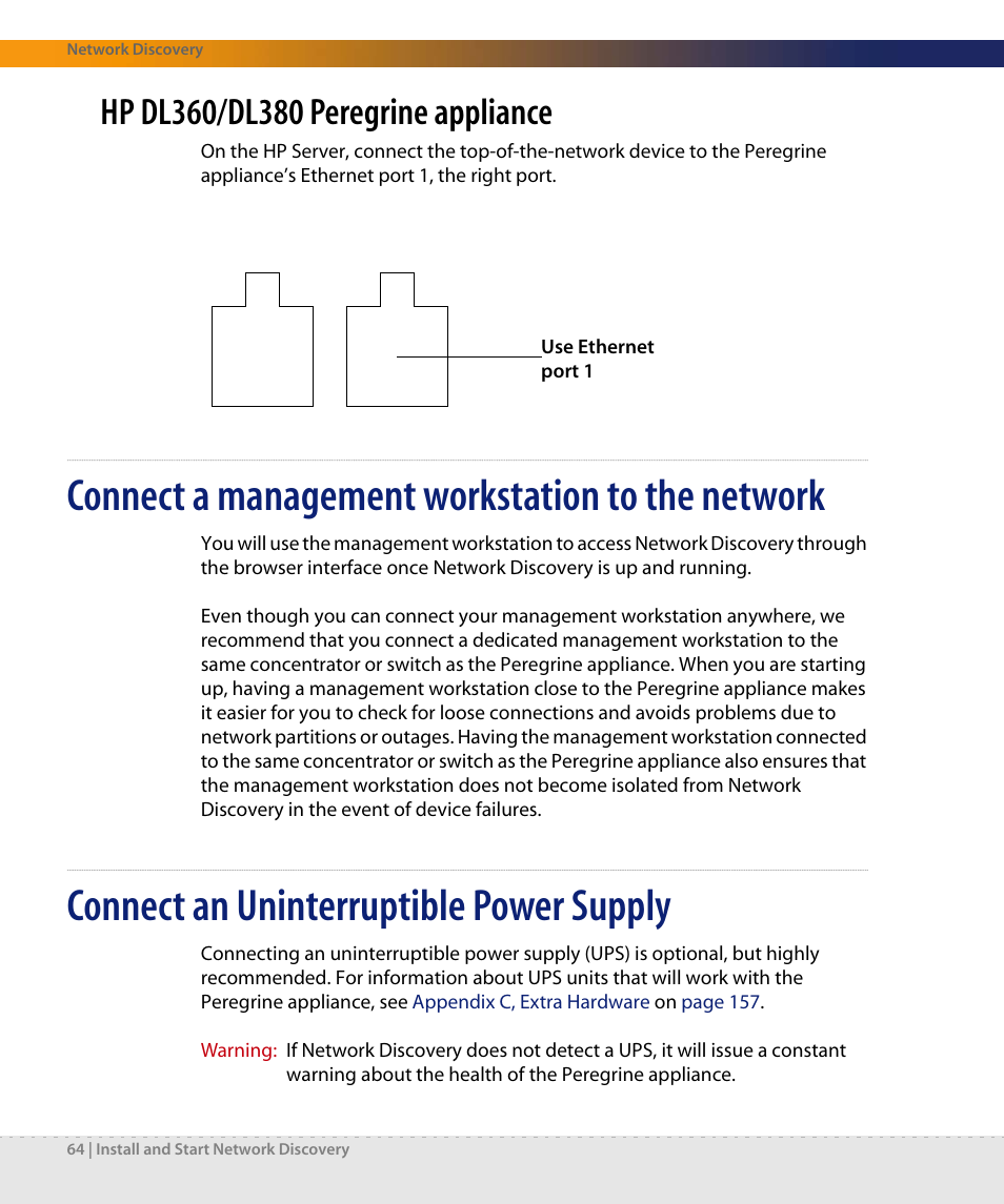 Hp dl360/dl380 peregrine appliance, Connect a management workstation to the network, Connect an uninterruptible power supply | Dell DPND-523-EN12 User Manual | Page 64 / 170