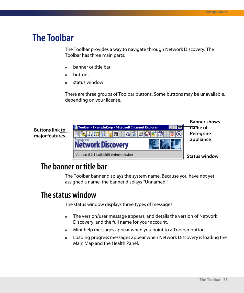 The toolbar, The banner or title bar, The status window | Dell DPND-523-EN12 User Manual | Page 75 / 170