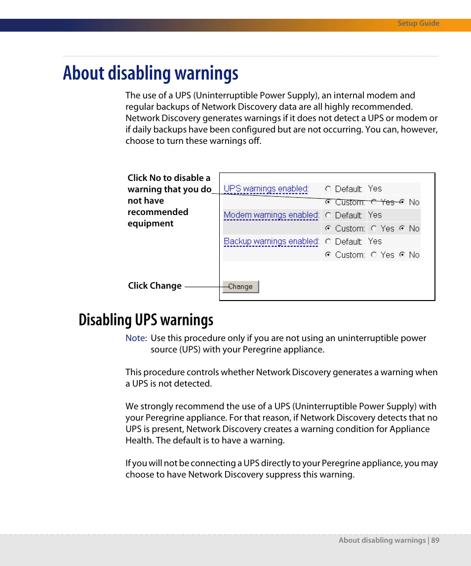 About disabling warnings, Disabling ups warnings | Dell DPND-523-EN12 User Manual | Page 89 / 170