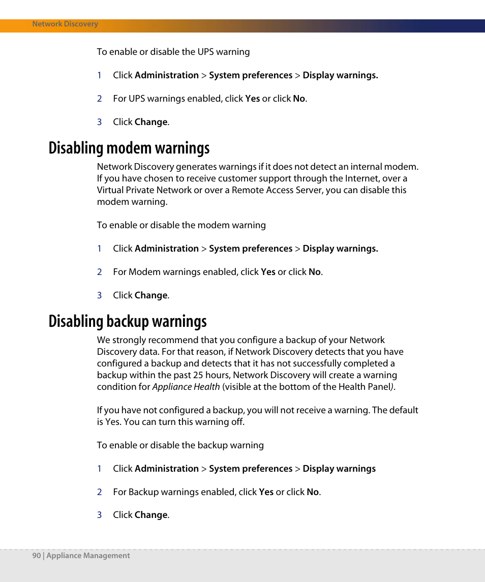 Disabling modem warnings, Disabling backup warnings, G,” see | Dell DPND-523-EN12 User Manual | Page 90 / 170