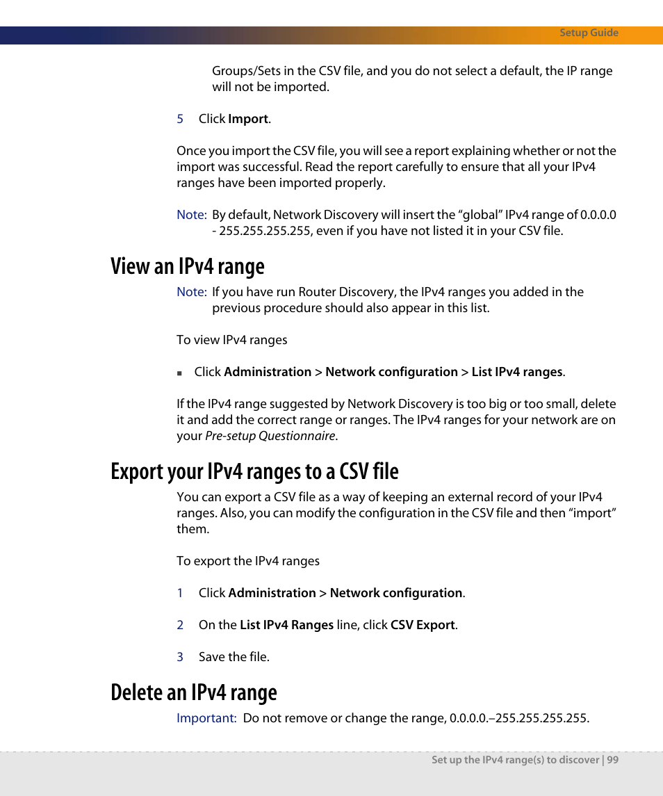 View an ipv4 range, Export your ipv4 ranges to a csv file, Delete an ipv4 range | Dell DPND-523-EN12 User Manual | Page 99 / 170