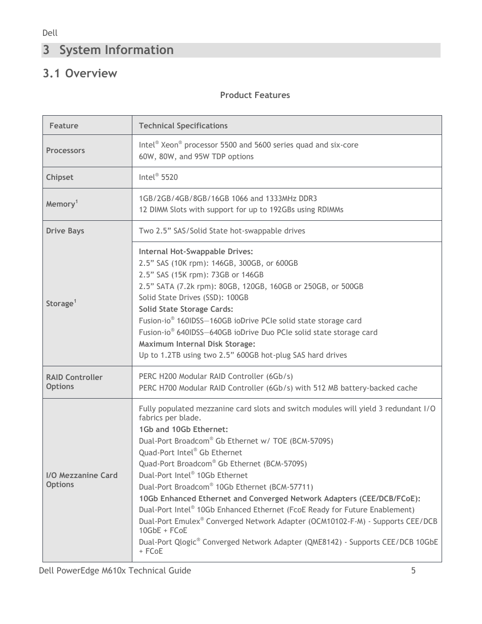 System information, Overview, Table 2 | Product features, 3 system information, 1 overview | Dell PowerEdge M610x User Manual | Page 10 / 48