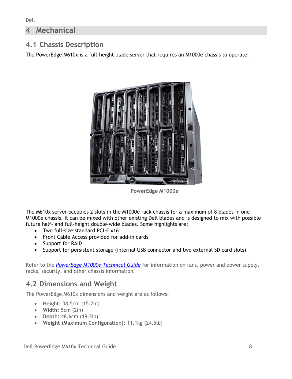 Mechanical, Chassis description, Dimensions and weight | Figure 1, Poweredge m1000e, 4 mechanical, 1 chassis description, 2 dimensions and weight | Dell PowerEdge M610x User Manual | Page 13 / 48