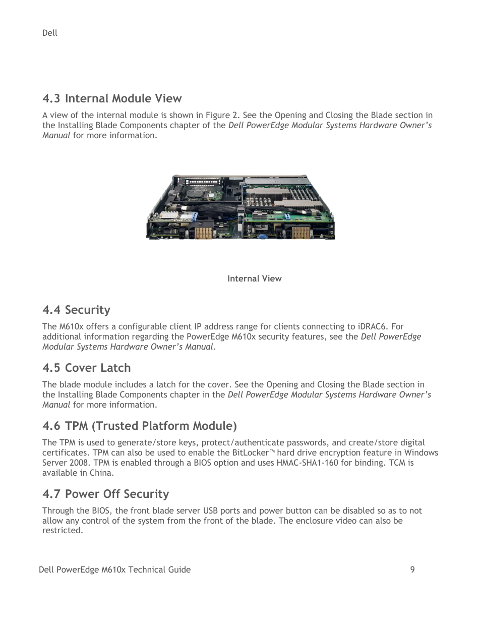 Internal module view, Security, Cover latch | Tpm (trusted platform module), Power off security, Figure 2, Internal view, 3 internal module view, 4 security, 5 cover latch | Dell PowerEdge M610x User Manual | Page 14 / 48
