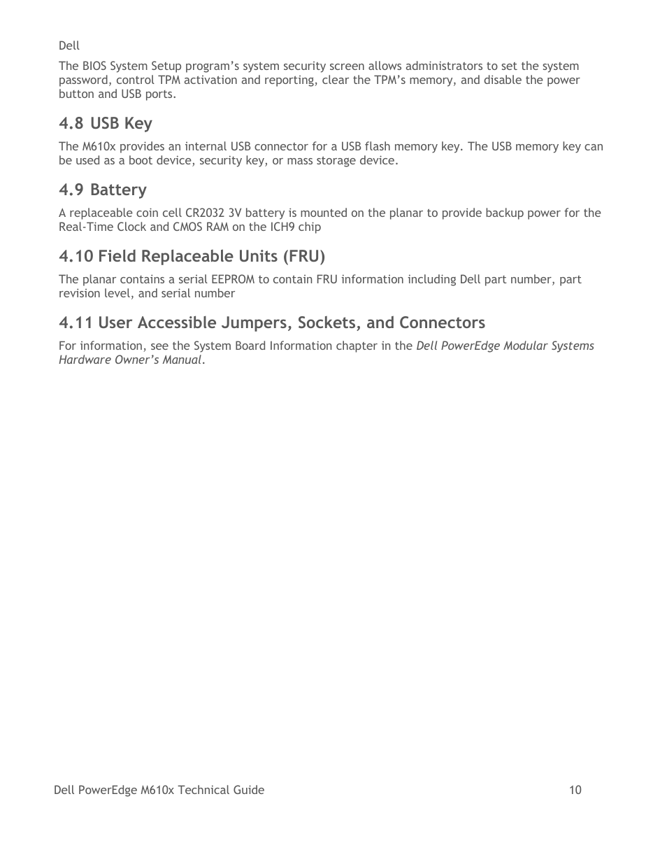 Usb key, Battery, Field replaceable units (fru) | User accessible jumpers, sockets, and connectors, 8 usb key, 9 battery, 10 field replaceable units (fru) | Dell PowerEdge M610x User Manual | Page 15 / 48