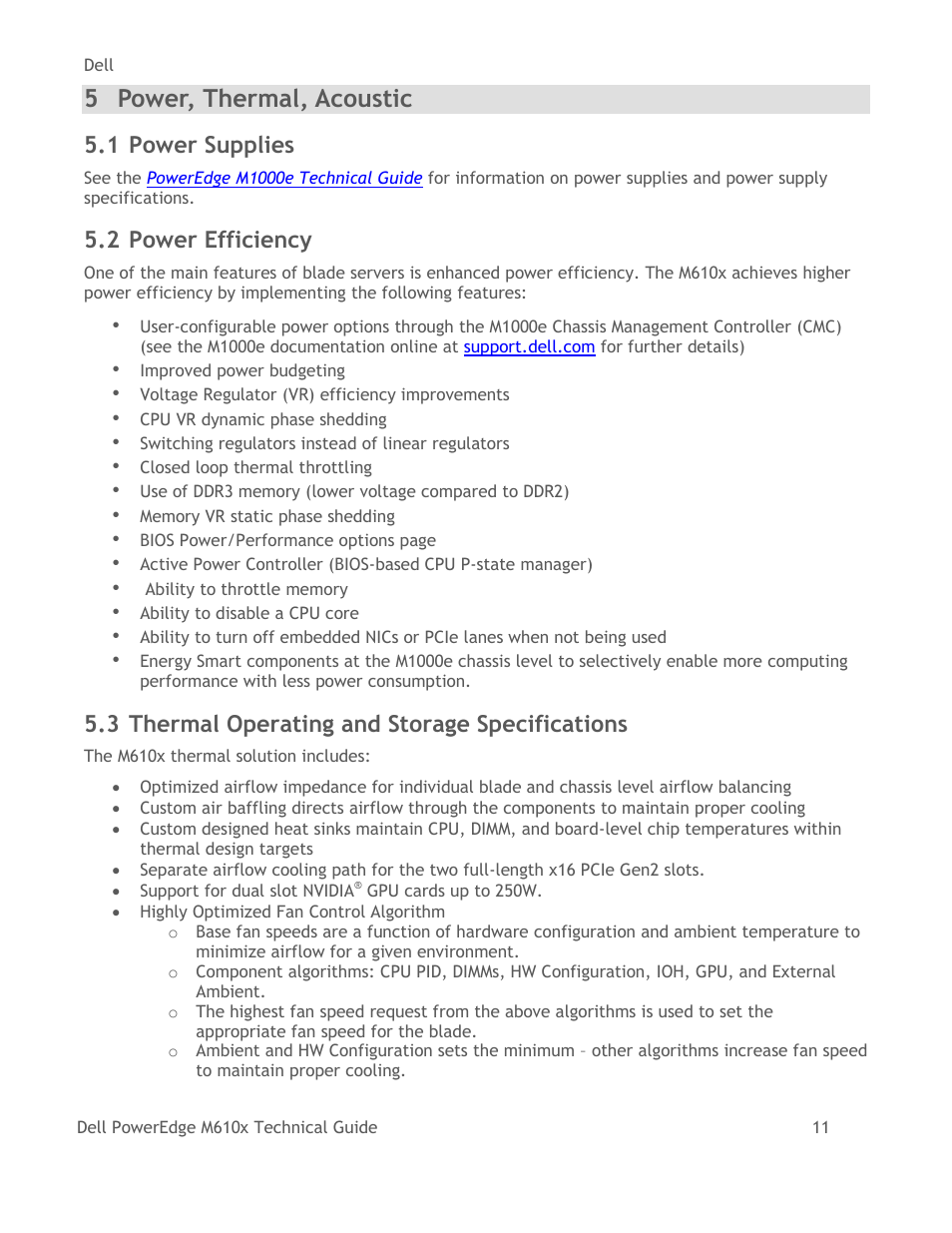 Power, thermal, acoustic, Power supplies, Power efficiency | Thermal operating and storage specifications, 5 power, thermal, acoustic, 1 power supplies, 2 power efficiency, 3 thermal operating and storage specifications | Dell PowerEdge M610x User Manual | Page 16 / 48